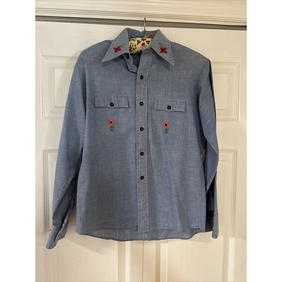 Vintage 60s/70s Hand Embroidered Chambray Shirt Palm Tree Sears Put-on Shop - Picture 2 of 14